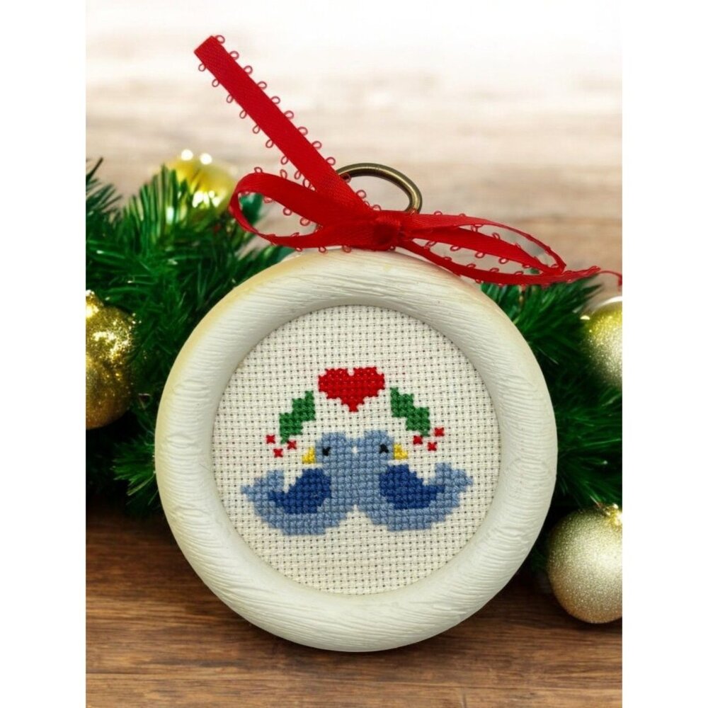Vintage Cross Stitch Bluebirds Christmas Tree Ornament Heart & Holly Accents